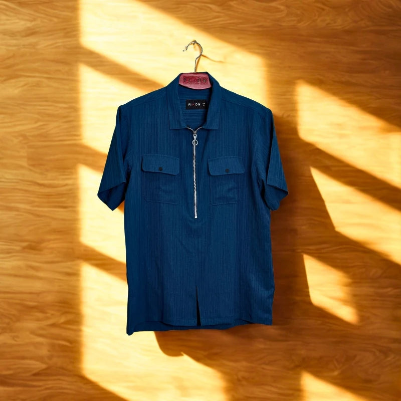 ZipFront Popcorn Shirt Navy Blu
