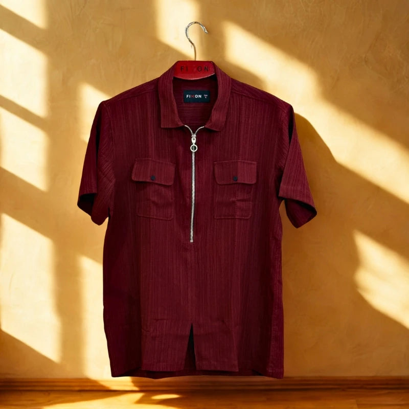 ZipFront Popcorn Shirt Dark Maroon